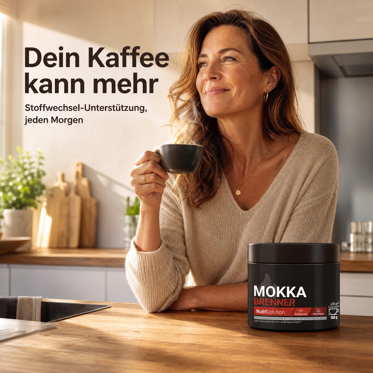 Frau geniesst ihren Morgenkaffee mit Mokka Brenner: Dein Kaffee kann mehr