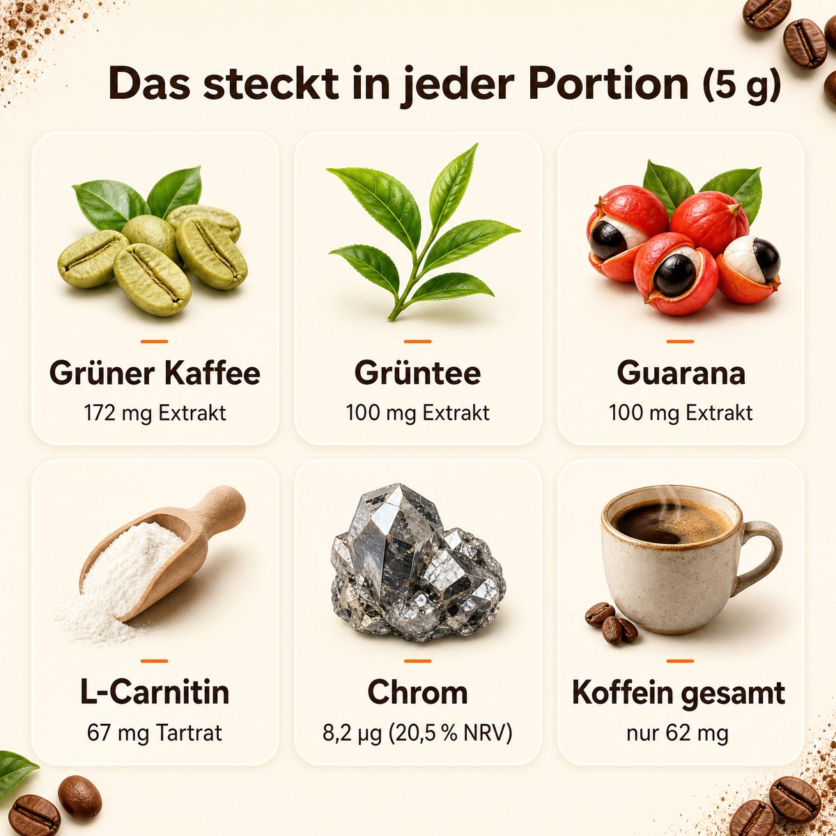 Das steckt in jeder Portion: Grüner Kaffee 172 mg, Grüntee 100 mg, Guarana 100 mg, L-Carnitin, Chrom, nur 62 mg Koffein